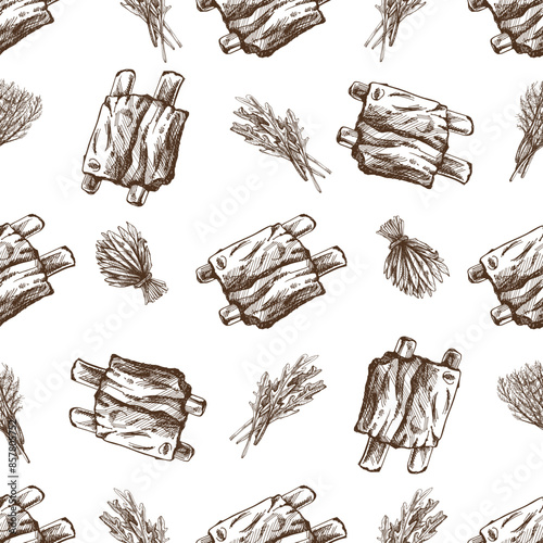 Hand-drawn seamless pattern of barbecue ribs and  greens. Doodle vintage illustration. Decorations for the menu of cafes and labels. Engraved image.