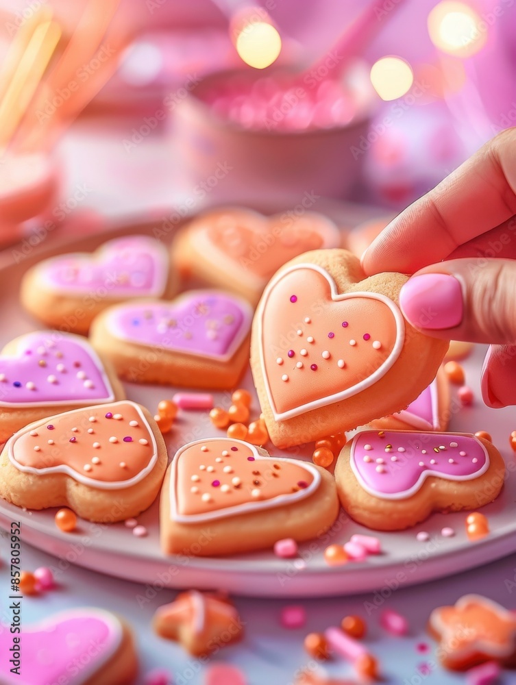 Heart-shaped sugar cookies decorated with pink and orange icing. Heart-shaped sugar cookies decorated with pink and orange icing.