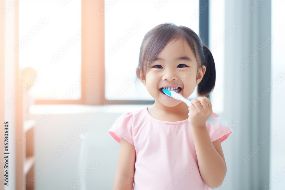 Adorable little girl happily brushing their teeth with xylitol toothpaste Adorable little girl happily brushing their teeth with xylitol toothpaste