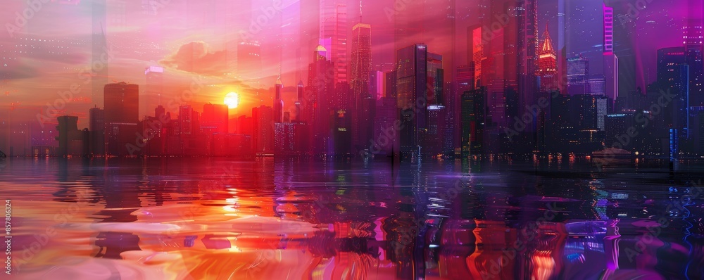 Fototapeta premium A mesmerizing holographic artwork featuring a futuristic cityscape reflected in intricate patterns, showcasing advanced technology and digital artistry