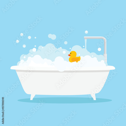 Bath full of foam with bubbles and yellow rubber duck