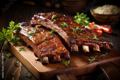 Photo of sweet and spicy BBQ ribs on a wooden cutting board photo