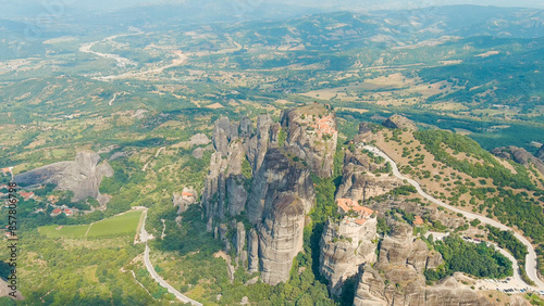 Meteora, Kalabaka, Greece. Meteora - rocks, up to 600 meters high. There are 6 active Greek Orthodox monasteries listed on the UNESCO list, Aerial View