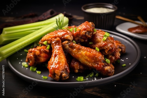 Photo of sweet and spicy honey sriracha chicken wings with celery sticks © Hanna Haradzetska