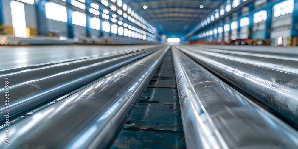 Metal pipes in various sizes and materials on production line in factory. Concept Manufacturing Process, Industrial Equipment, Metalwork, Factory Production, Machinery Operations Metal pipes in various sizes and materials on production line in factory. Concept Manufacturing Process, Industrial Equipment, Metalwork, Factory Production, Machinery Operations