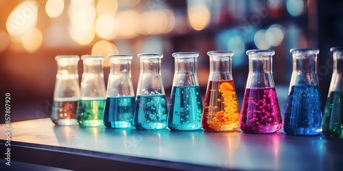 Test tubes with colorful liquids microscope and Bunsen burner in the lab. Concept Chemistry lab, Scientific experiments, Laboratory equipment, Colorful liquids, Microscope, Bunsen burner photo