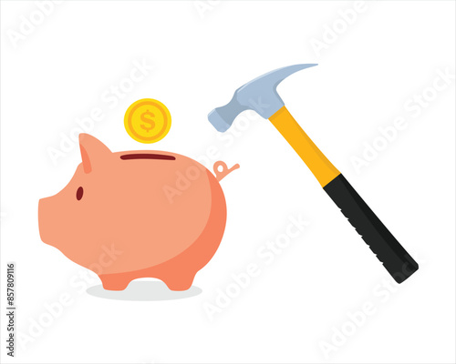 Piggy bank and hammer