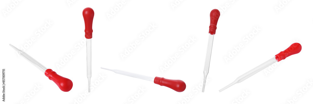Fototapeta premium Pipettes isolated on white, set. Medical equipment