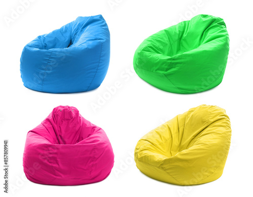 Different bean bag chairs isolated on white, set