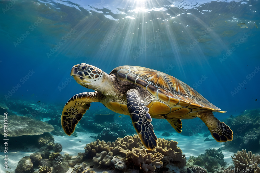 Fototapeta premium A giant sea turtle swimming under the ocean
