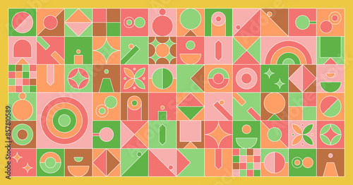 A collection of geometric shapes combined to create a mosaic-patterned background. A flat vector design with white strokes.