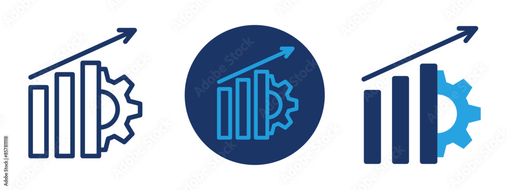 market chart of production icons, Three blue and white icons with a gear and a line pointing upward showing production market chart of production icons, Three blue and white icons with a gear and a line pointing upward showing production