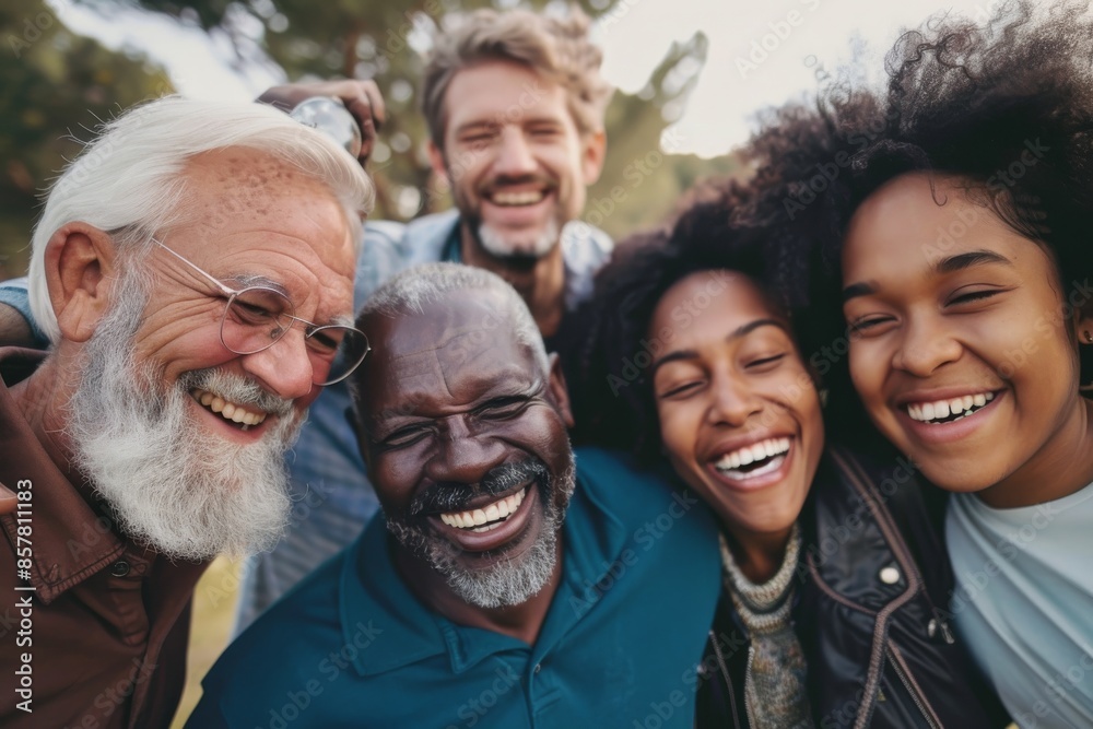 Group of diverse senior friends having fun in the park. Multiethnic group of people bonding outdoors.