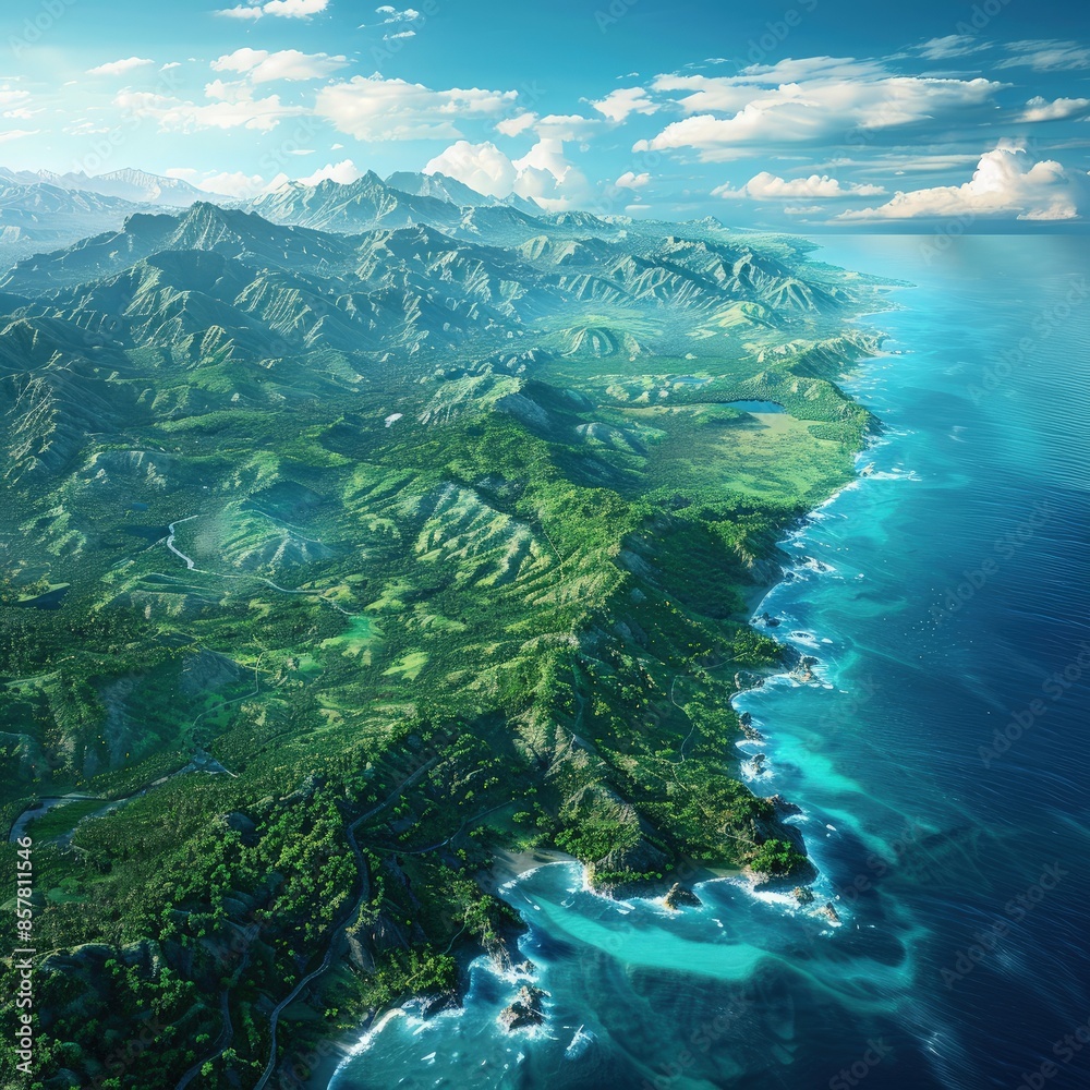 A beautiful mountain range with a green forest and a blue ocean. The mountains are covered in trees and the ocean is calm. The sky is clear and the sun is shining A beautiful mountain range with a green forest and a blue ocean. The mountains are covered in trees and the ocean is calm. The sky is clear and the sun is shining