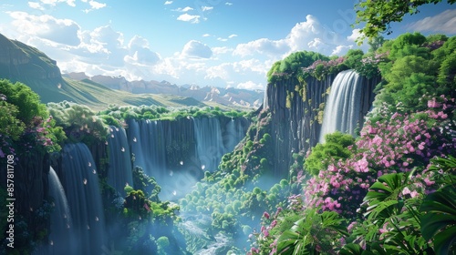 A lush green forest with a waterfall and a mountain in the background. The waterfall is surrounded by flowers and the sky is blue #857811708