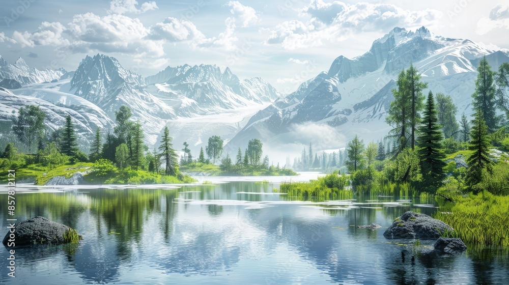 A beautiful mountain landscape with a lake in the foreground. The water is calm and the sky is clear. The mountains are covered in snow, giving the scene a serene and peaceful atmosphere A beautiful mountain landscape with a lake in the foreground. The water is calm and the sky is clear. The mountains are covered in snow, giving the scene a serene and peaceful atmosphere