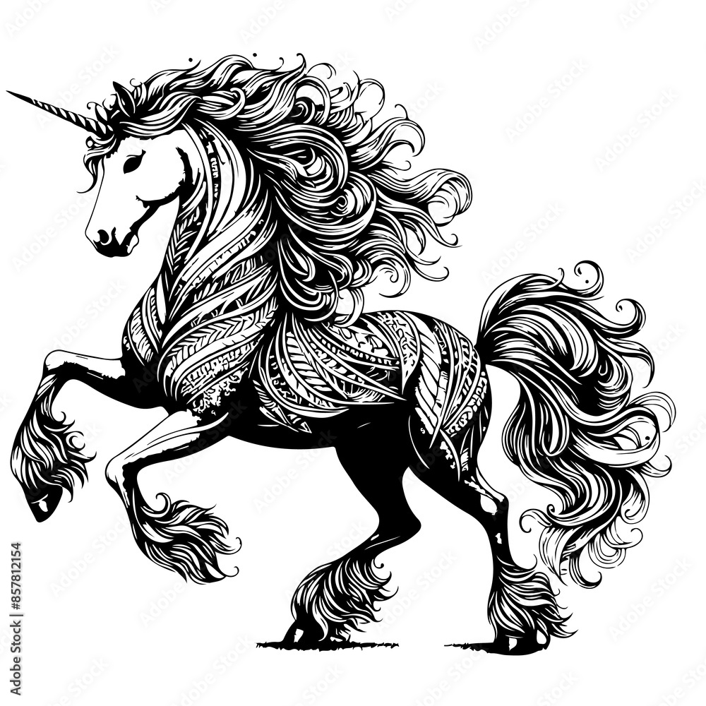 Realistic Galloping Unicorn Horse Adult Coloring Page Patterned Unicorn ...