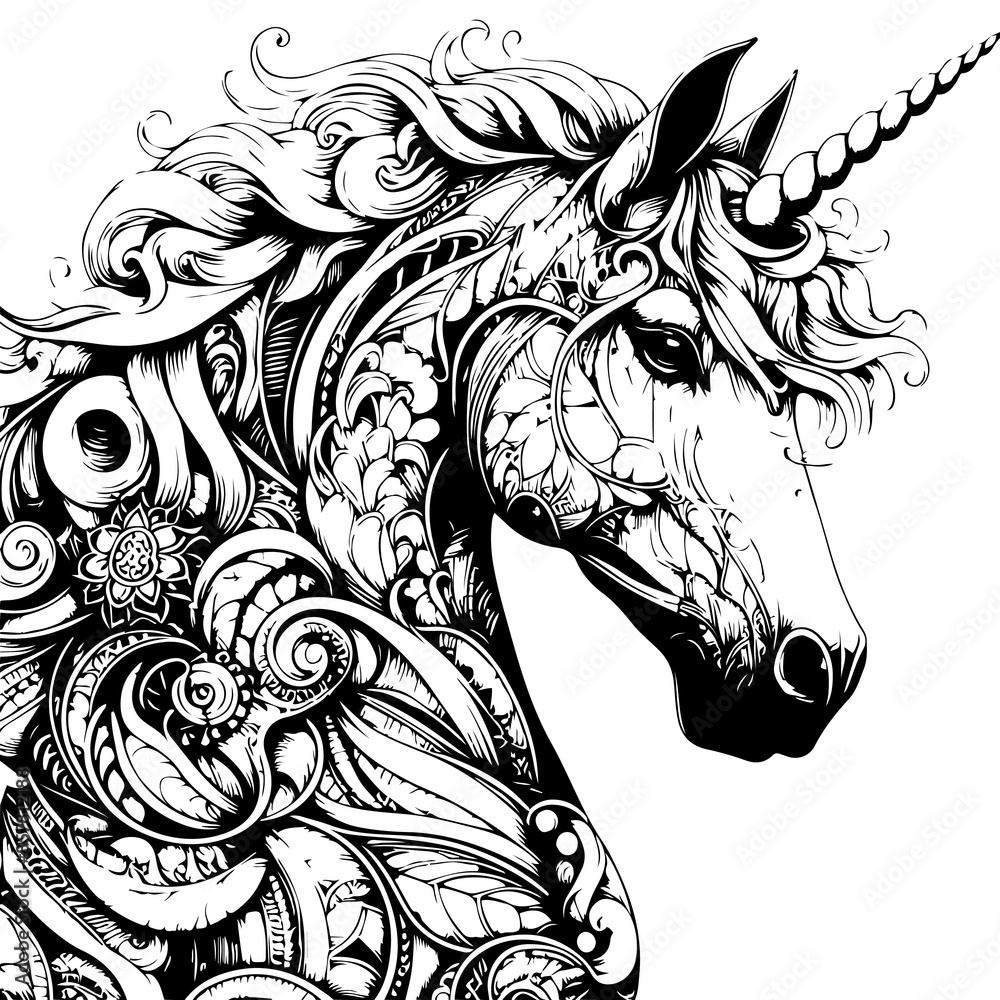 Realistic Unicorn Horse Head Adult Coloring Page Patterned Unicorn realistic-unicorn-horse-head-adult-coloring-page-patterned-unicorn