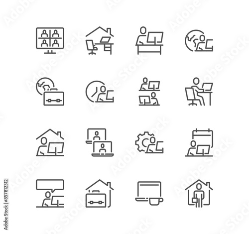 Set of work place related icons, working, remote work, video conference, coworking, freelancer, home office and linear variety vectors.	
