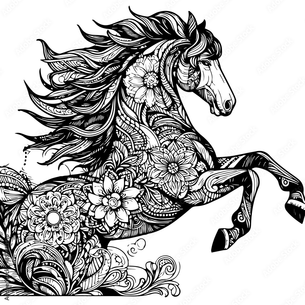 Floral Horse Adult Coloring Page Patterned Rearing Horse Coloring Page ...