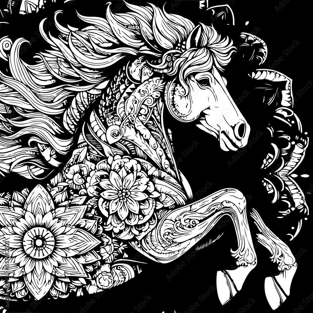 Floral Horse Adult Coloring Page Patterned Rearing Horse Coloring Page ...