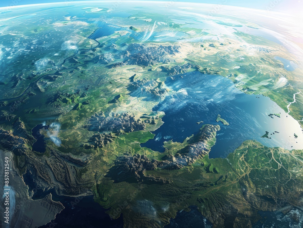 A beautiful blue and green planet with mountains and oceans. The sky is clear and the sun is shining A beautiful blue and green planet with mountains and oceans. The sky is clear and the sun is shining