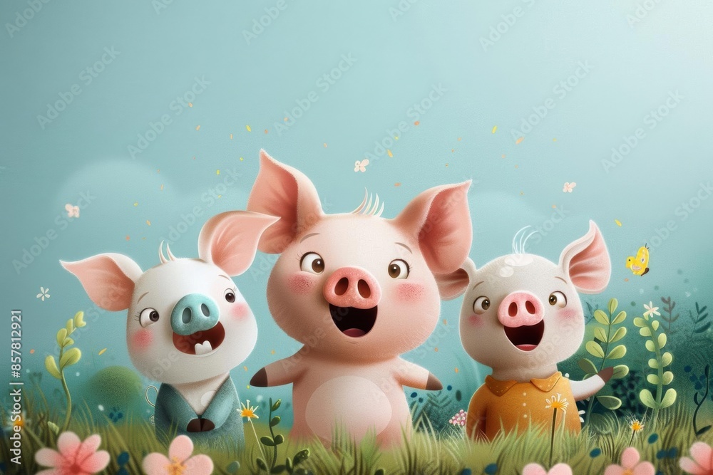 Three cute cartoon pigs in a field of flowers Three cute cartoon pigs in a field of flowers