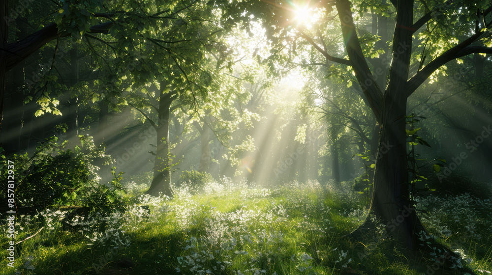 Summer forest scenery with warm light illumining the foliage. Summer forest scenery with warm light illumining the foliage.