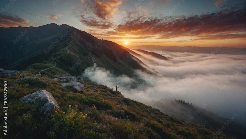Fototapeta premium Pleasant sunrise in the mountains shrouded in fog