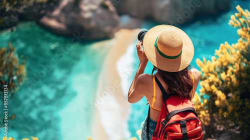 Traveler enjoying breathtaking coastal view with camera. Generative AI	