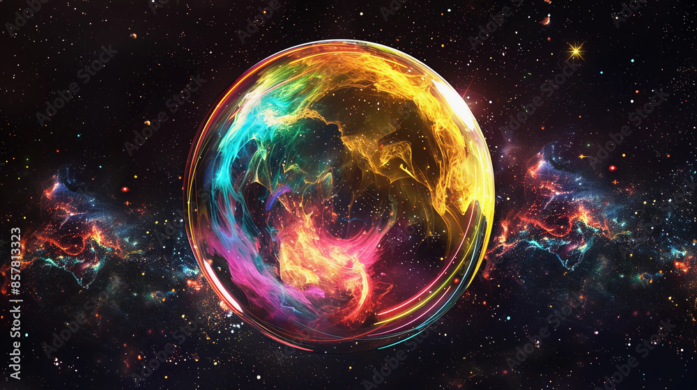 3D Spectacular cosmic cloud explosion within transparent sphere with black background. Nebula and stars in space concept with purple neon. Abstract wallpaper and creative design, AI Generative.