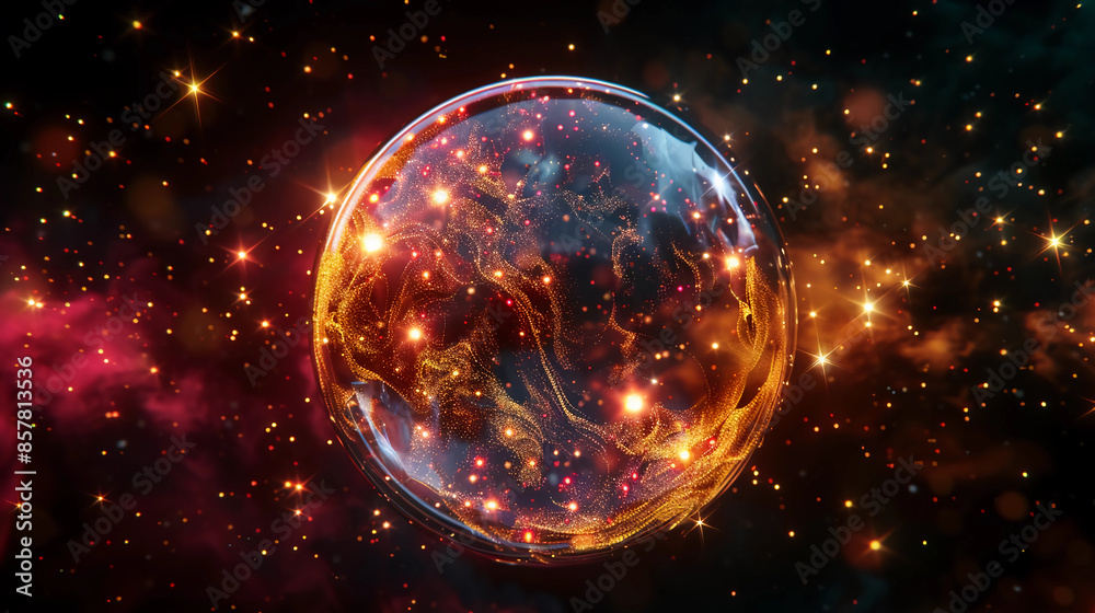 3D Spectacular cosmic cloud explosion within transparent sphere with black background. Nebula and stars in space concept with red neon. Abstract wallpaper and creative design, AI Generative. 3D Spectacular cosmic cloud explosion within transparent sphere with black background. Nebula and stars in space concept with red neon. Abstract wallpaper and creative design, AI Generative.