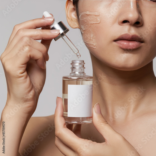 Woman Applying Face Serum with Dropper Bottle Mockup for Skincare Product Branding and Design - Generative ai