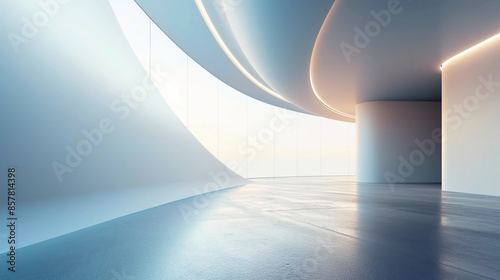  Modern architectural interior with curved walls and panoramic windows. Copy space. Generative AI