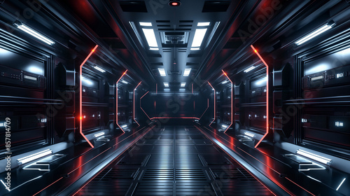 Fototapeta Naklejka Na Ścianę i Meble -   Futuristic sci-fi spaceship corridor with glowing red lights. Copy space. Generative AI