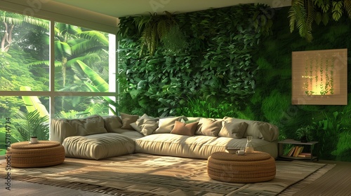 A naturalistic living room with a green living wall, a jute sectional sofa, and a picture window with a view of a verdant rainforest photo