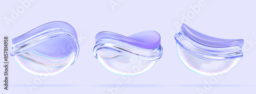 Glass curve wave hemisphere with dispersion effect 3d render icon set. Abstract geometric transparent circle morphism shapes with deformation, rainbow liquid plastic design elements. 3D illustration