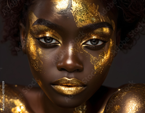 Golden Glow: Elegant African Woman with Gold Face Makeup