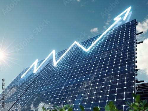 Solar Panels with Upward Arrow Symbolizing Growth in Renewable Energy and Sustainable Development photo