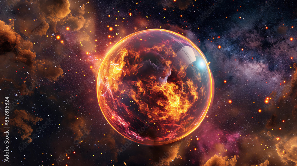 3D Spectacular cosmic cloud explosion within transparent sphere with black background. Nebula and stars in space concept with red neon. Abstract wallpaper and creative design, AI Generative. 3D Spectacular cosmic cloud explosion within transparent sphere with black background. Nebula and stars in space concept with red neon. Abstract wallpaper and creative design, AI Generative.