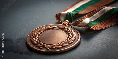 Award-Winning Bronze Medal With Laurel Wreath And Ribbon. photo