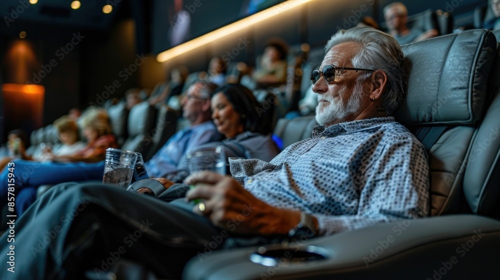 Obraz premium Patrons Enjoying a Lavish Movie Viewing Experience in a High End Theater with Plush Reclining Seats and Elegant Decor for a Truly Indulgent and Captivating Night Out