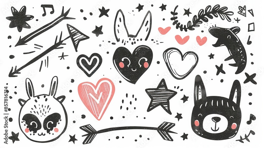 Obraz premium Playful and quirky doodles including stars, hearts, arrows, and whimsical animals