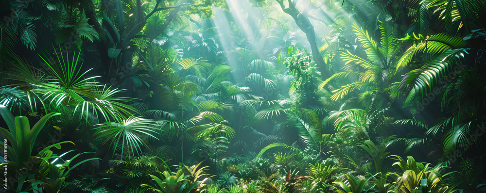 A dense rainforest teeming with life, its trees towering overhead and its undergrowth filled with exotic plants and animals. A dense rainforest teeming with life, its trees towering overhead and its undergrowth filled with exotic plants and animals.