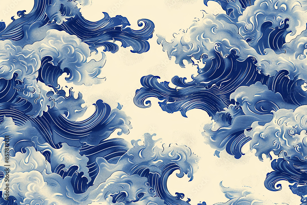 Pattern featuring ocean waves, evergreen design, rich blue tones, flowing rhythm, white background. Pattern featuring ocean waves, evergreen design, rich blue tones, flowing rhythm, white background.