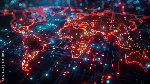 World map made of glowing printed circuits, global network and connectivity, data transfer and technology, artificial intelligence, information exchange, international telecommunications