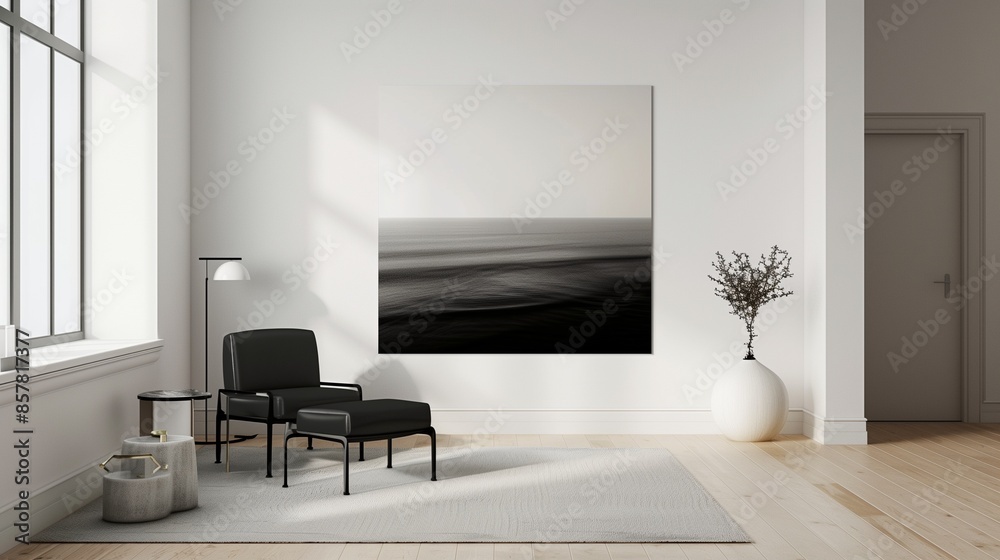 A sleek living room with a minimalist aesthetic, featuring a single, bold piece of monochrome photography on the wall A sleek living room with a minimalist aesthetic, featuring a single, bold piece of monochrome photography on the wall