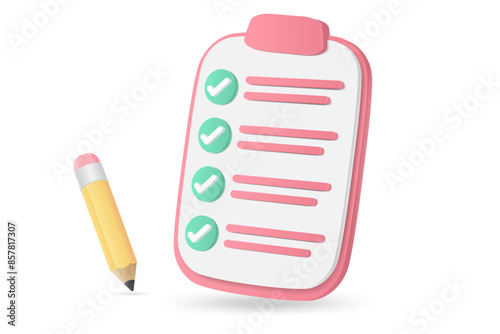 3d white clipboard task management todo check list with pencil, fast work on project plan, efficient work on project plan, fast progress, level up concept, assignment and exam checklist icon.