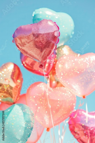 many glittery holographic heart shaped balloons against a sunny blue sky