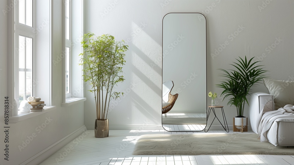 A sleek living room with a minimalist aesthetic, featuring a single, oversized minimalist mirror with a thin metal frame A sleek living room with a minimalist aesthetic, featuring a single, oversized minimalist mirror with a thin metal frame